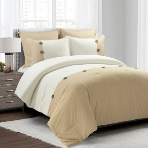 Comforter Set Beige Pleated Texture Button Accents Farmhouse Style