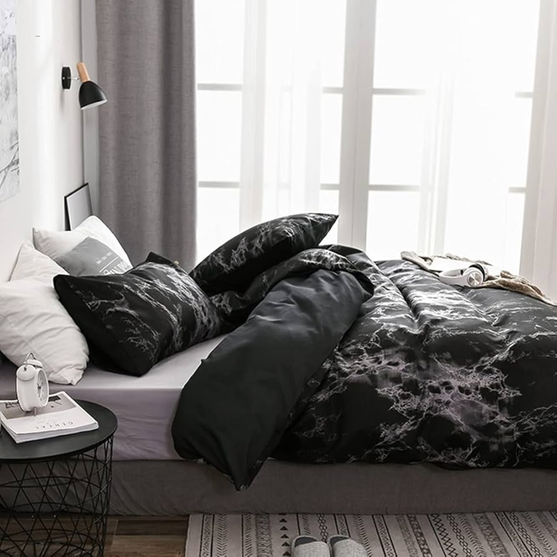 Comforter Set Black Marble Pattern Gold Veining Accents Glam Style