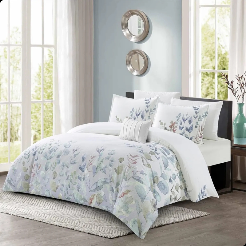 Comforter Set Botanical Floral Print Cool Toned Cottage Style