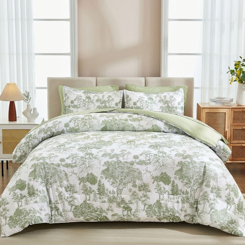 Comforter Set Botanical Leaf Print Sage Green Farmhouse Nature Inspired