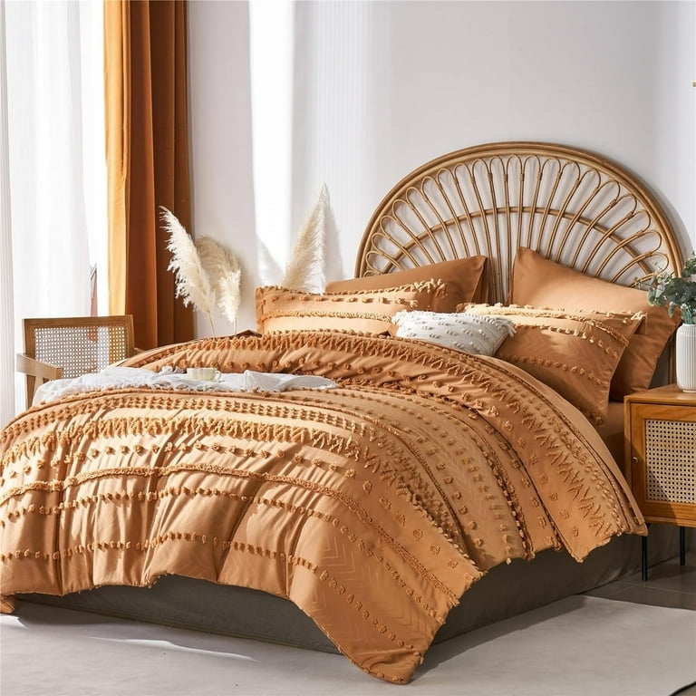 Comforter Set Burnt Orange Raised Geometric Tufting Tassel Trim Boho
