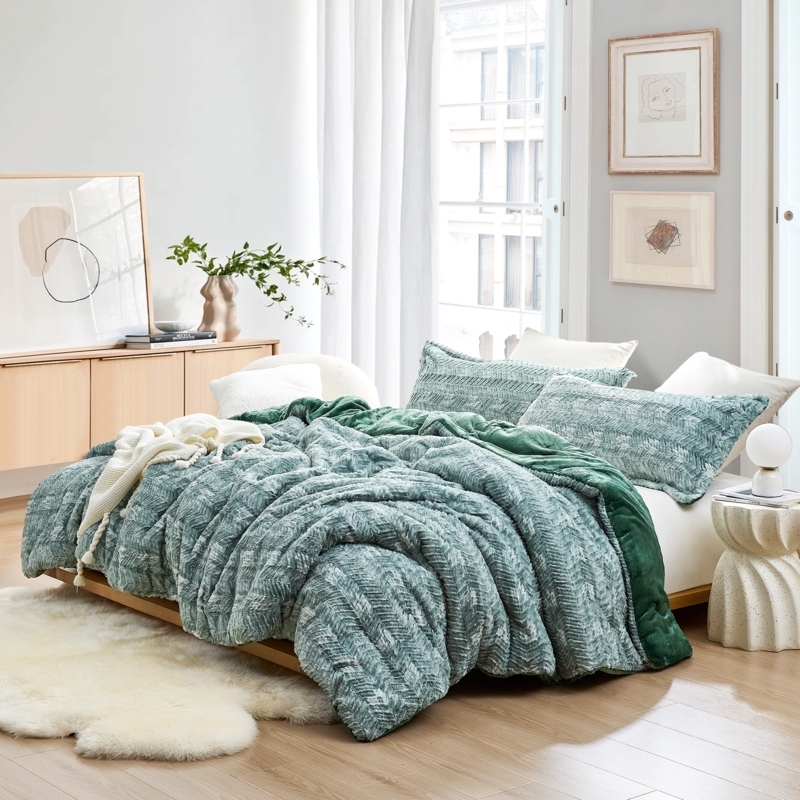 Comforter Set Chevron Quilting Moss Green Plush Fabric Rustic Bedding