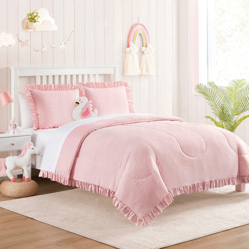 Comforter Set Contemporary Soft Pink Crinkled Texture Bedding