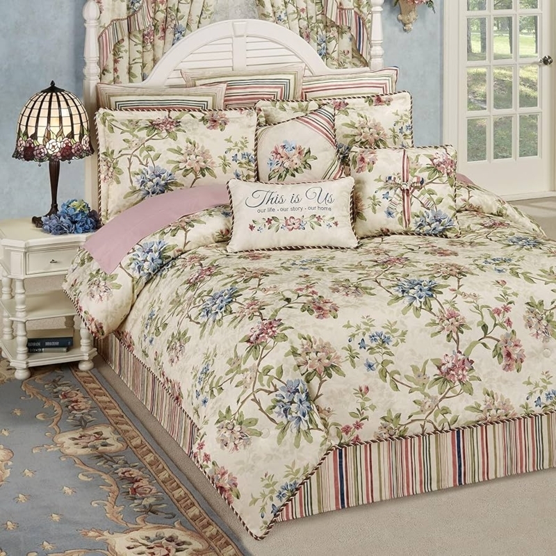 Comforter Set Cottage Cream Floral Stripe Jacquard Ruffled Shams