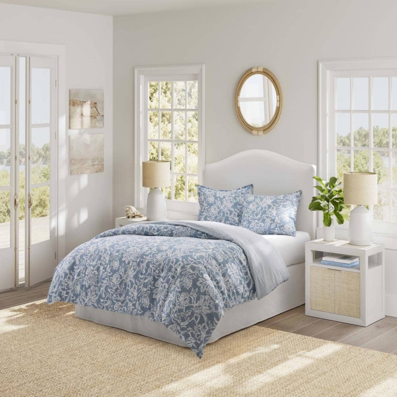 Comforter Set Cotton Slub Texture Reversible Blue Pattern