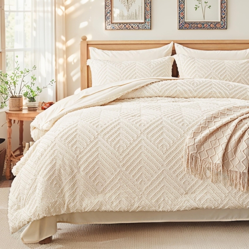 Comforter Set Cream Geometric Tufted Boho Textured Bedding