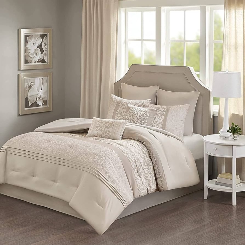 Comforter Set Damask Quilting Neutral Tones Embroidered Pillows