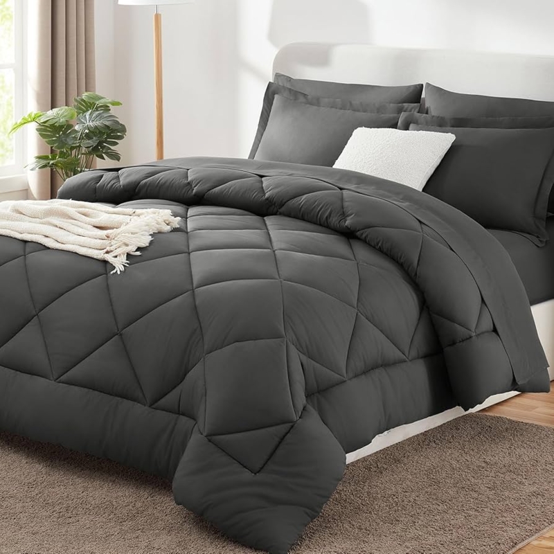 Comforter Set: Dark Grey Box Stitch 7-Piece Set for Minimalist Bedroom.