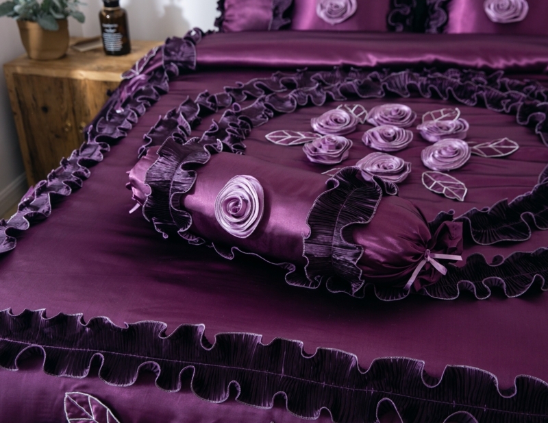 Comforter Set Dark Purple Satin Curly Ruffles Glam Luxurious Bedding