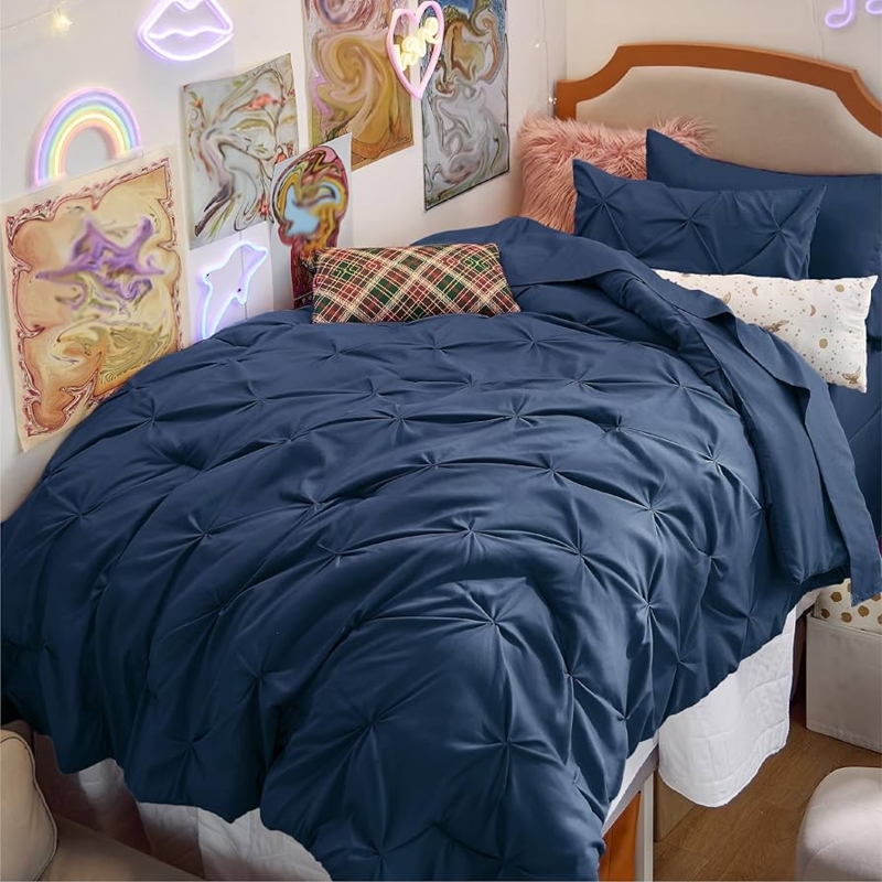Comforter Set Deep Navy Blue Pintuck Modern Minimalist Bedding