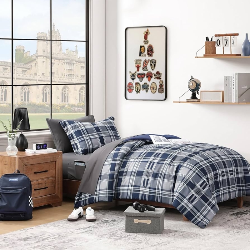 Comforter Set Deep Navy Monochrome Box Stitching Farmhouse