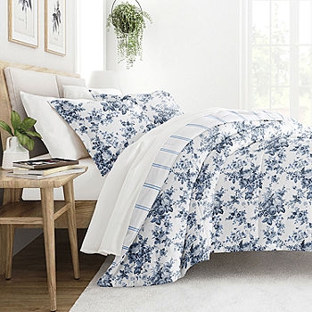Comforter Set Dusty Blue Botanical Pattern Reversible Transitional