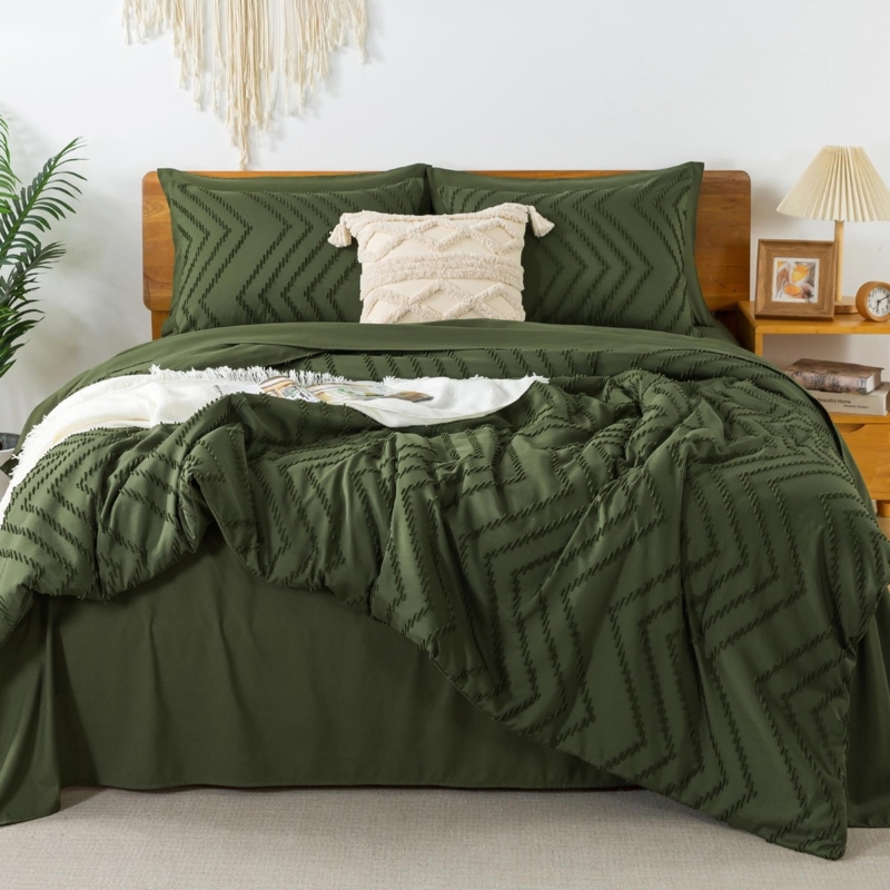 Comforter Set: Earthy Olive Green Bedding with Crinkled Texture.