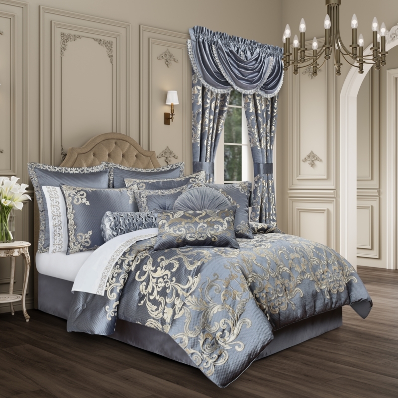Comforter Set Elegant Navy Silver Large-Scale Scrollwork Bedding