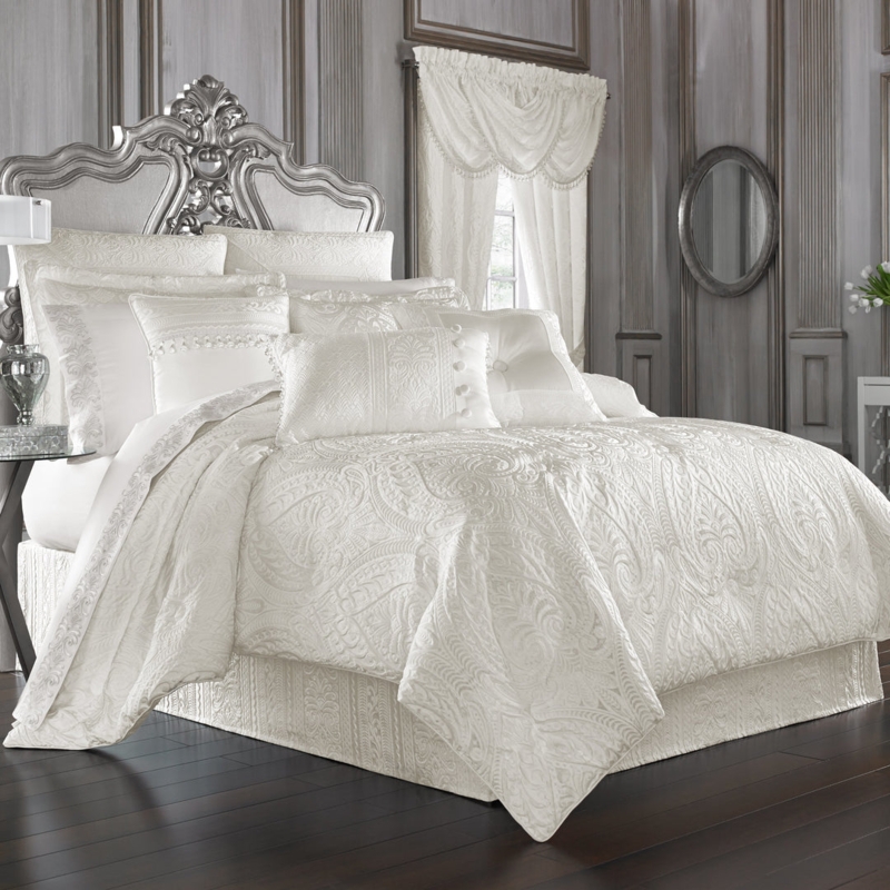 Comforter Set Elegant White Champagne Damask Scroll Embroidery