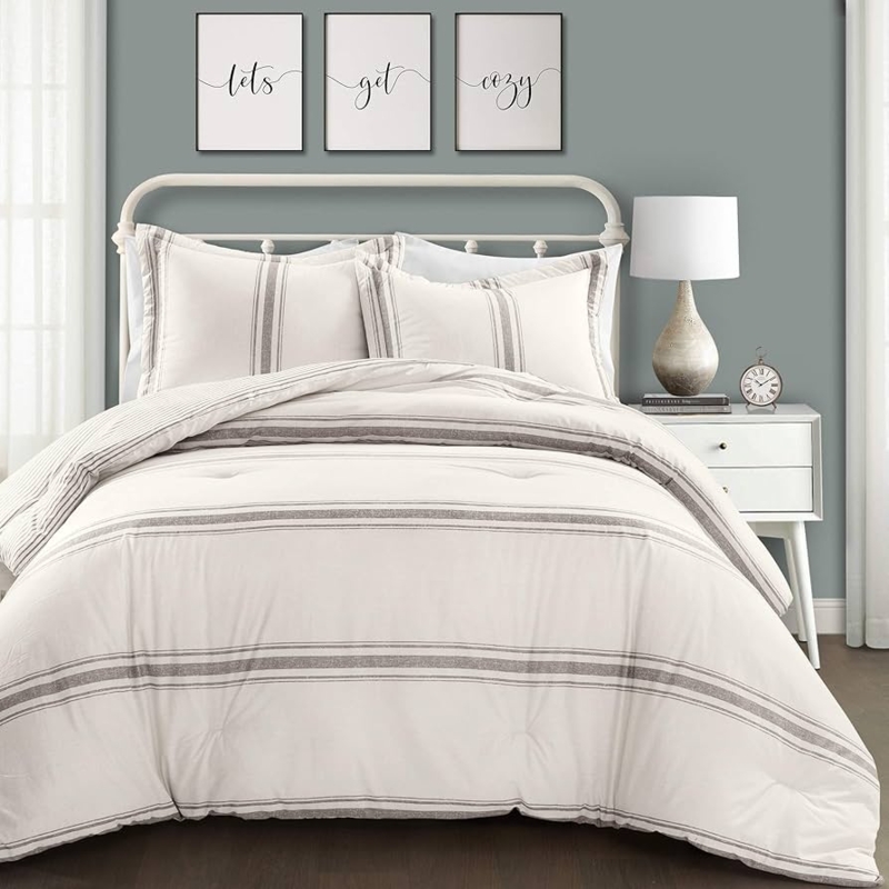 Comforter Set featuring Gray Ticking Stripe Pattern