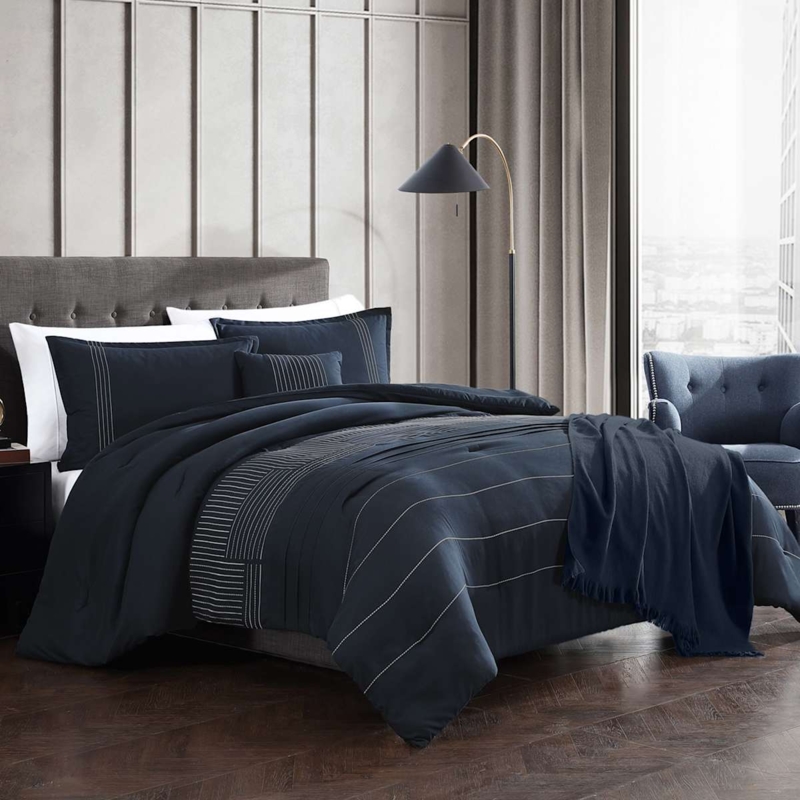 Comforter Set Geometric Quilted Charcoal, Charcoal Grey Quilted Bedding Set