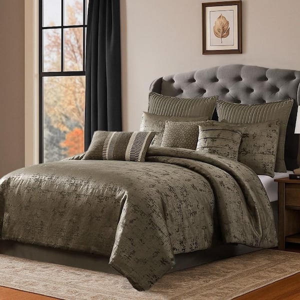 Comforter Set Gold Jacquard Weave Ornate Damask Pattern Traditional Glam