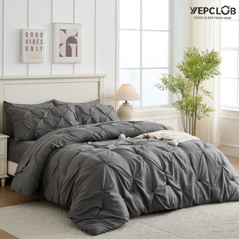 Comforter Set: Gray Pintuck Detailing for Minimalist Bedroom Styling.