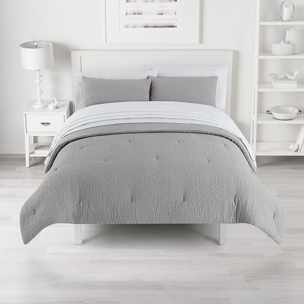 Comforter Set Gray Seersucker Texture Reversible Geometric Print
