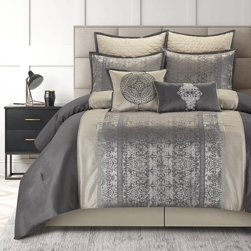 Comforter Set Grey Beige 8-Piece Jacquard Damask Bedding