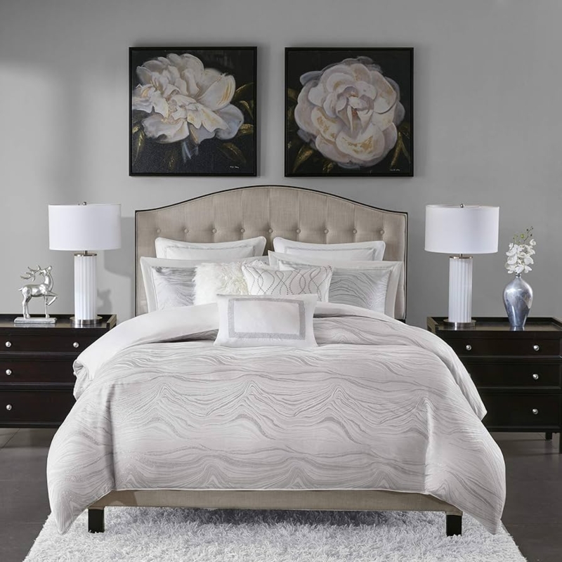 Comforter Set in Monochromatic White with Jacquard and Ruched Textures
