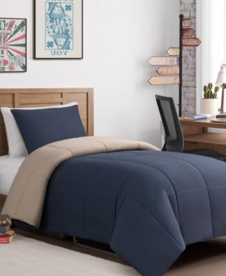 Comforter Set Indigo Blue Box Stitch Reversible Tan Accents Coastal