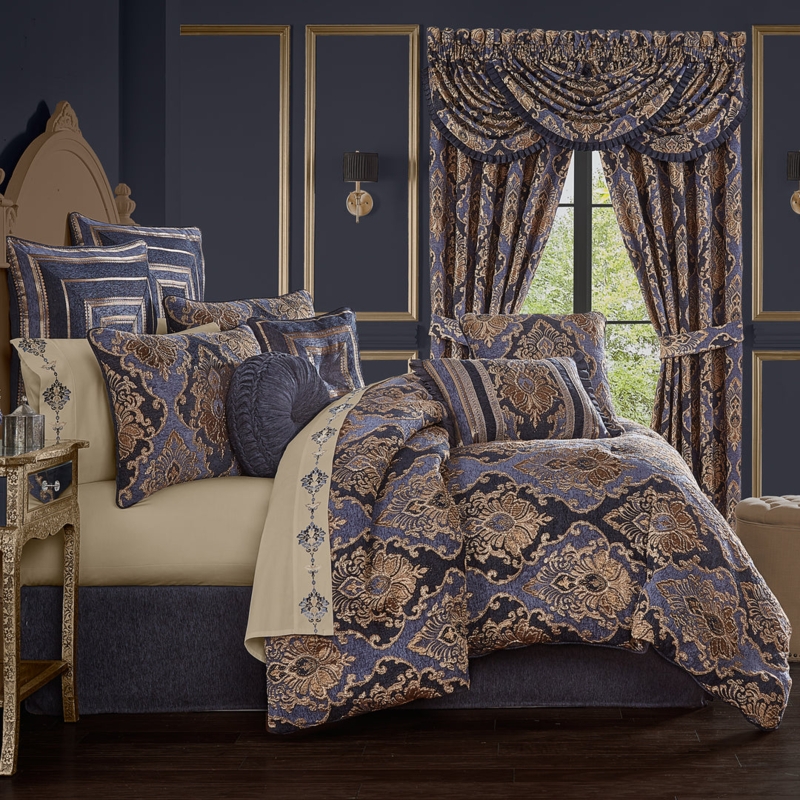 Comforter Set Indigo Cream Damask Print Classic Bedding