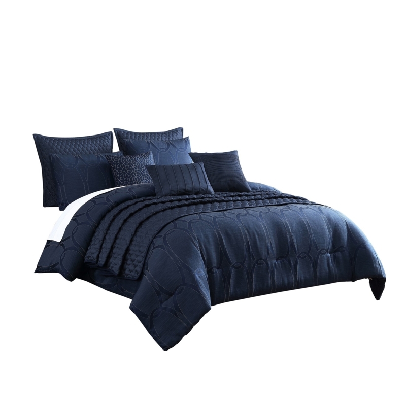 Comforter Set Interlocking Geometric Pattern Navy White Contrast Contemporary