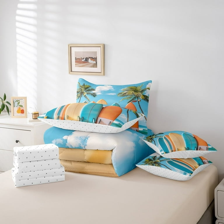 Comforter Set Light Blue Tropical Palm Tree Surfboard Graphic Print