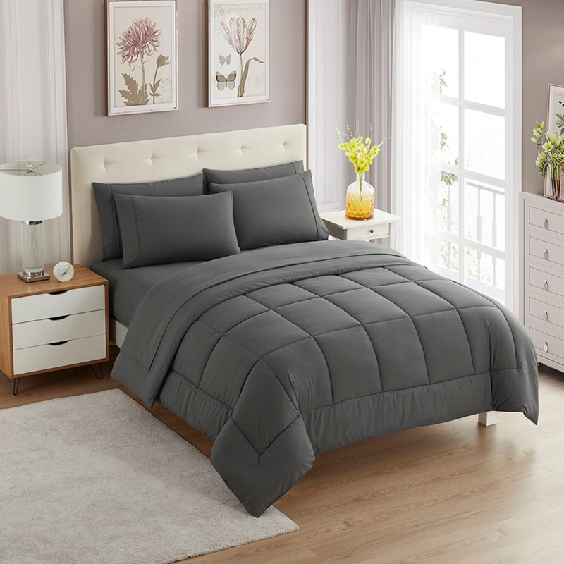 Comforter Set Light Grey Box Stitch Quilting Microfiber Bedding