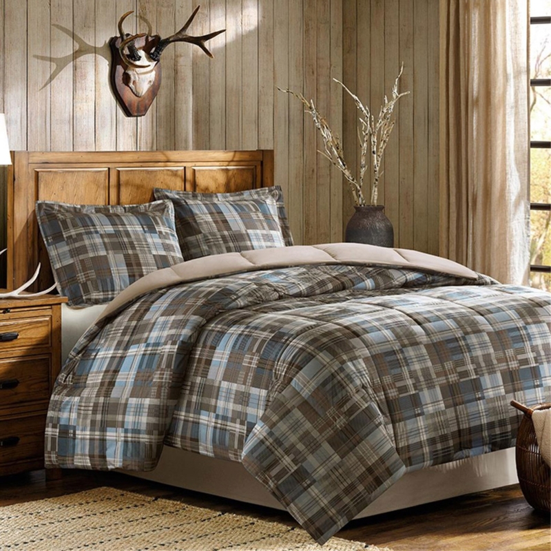 Comforter Set Lodge Style Red and Navy Quilted Plaid Bedding