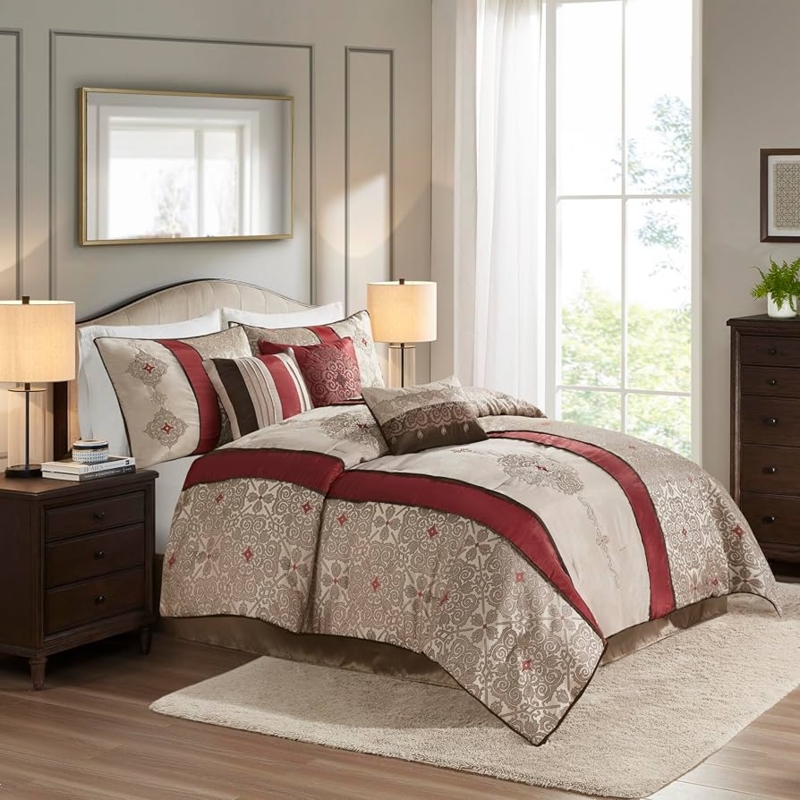 Comforter Set Luxurious Burgundy Chocolate Ornate Jacquard Damask