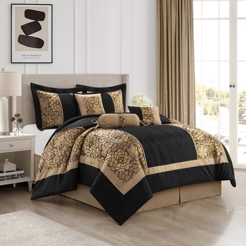 Comforter Set Luxury Black and Gold Floral Embroidery Bedding