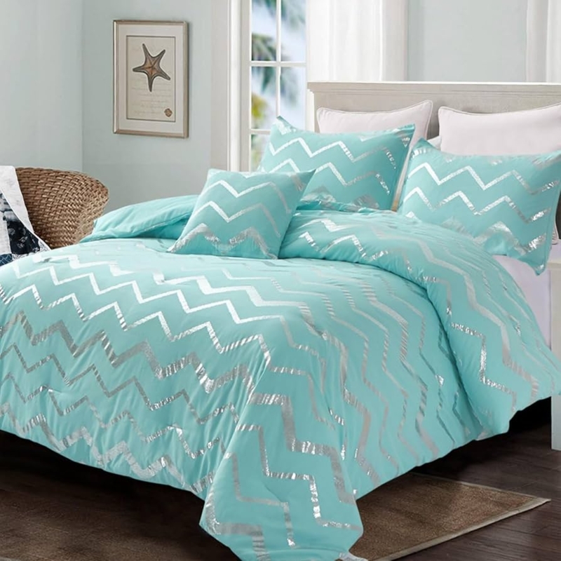 Comforter Set, Metallic Silver Swirls, Aqua Base, Modern Glam Decor