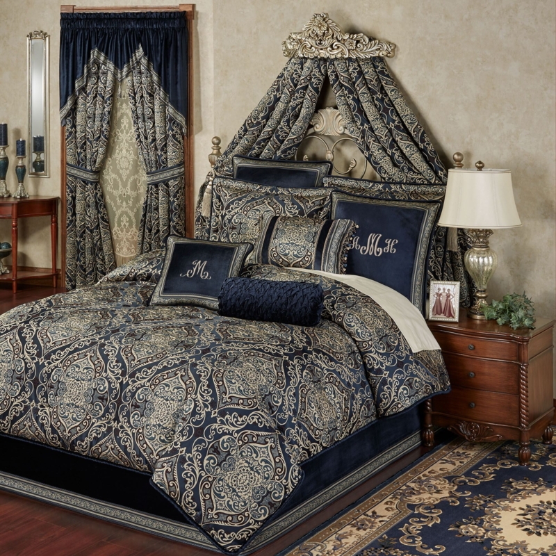 Comforter Set Midnight Blue Jacquard Damask Stately Bedding