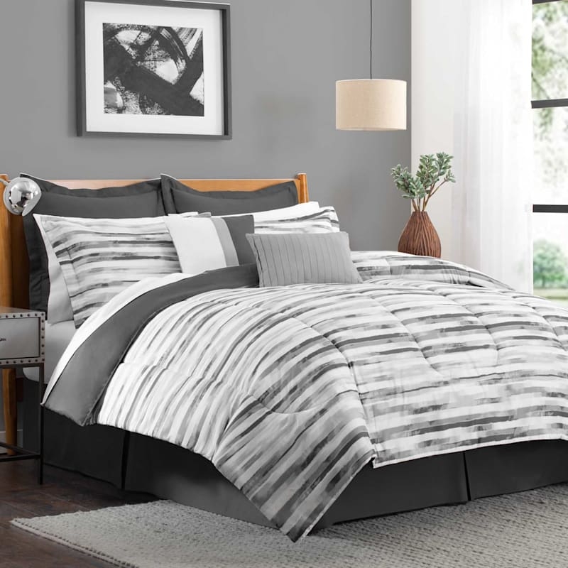 Comforter Set Modern Grey Broad Horizontal Stripes Bedding