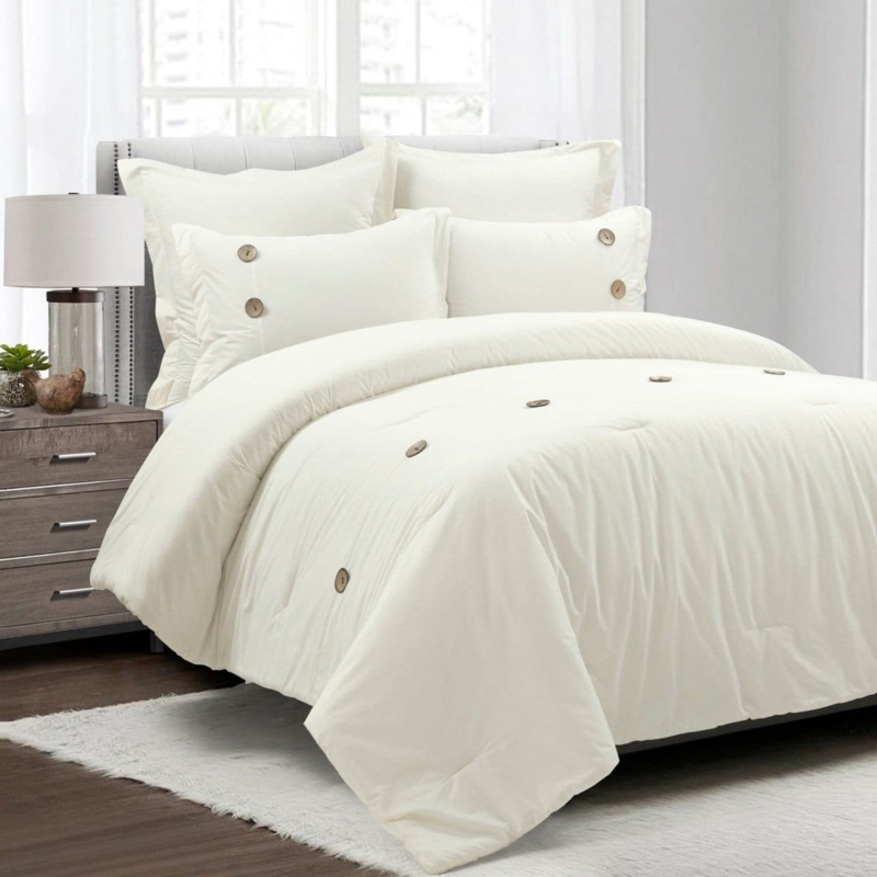 Comforter Set Off White Pleated Panels Button Accents Farmhouse Style