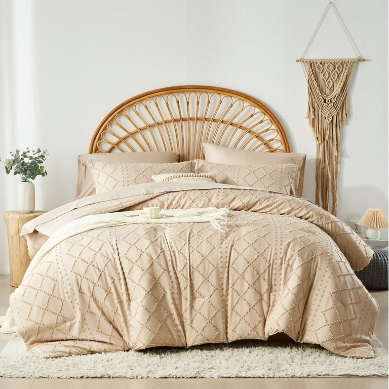 Comforter Set Off-White Tufted Diamond Texture Pom Pom Trim Shabby Chic