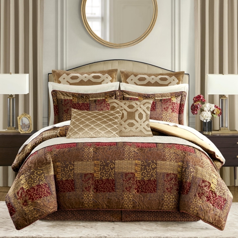 Comforter Set Opulent Burgundy Gold Patchwork Jacquard Tasseled