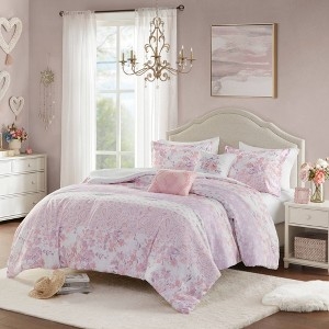 Comforter Set Pink Paisley Floral Vintage Style with Embroidered Pillow