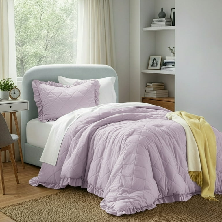 Comforter Set Plum Purple Ruffle Trim Diamond Quilting Feminine