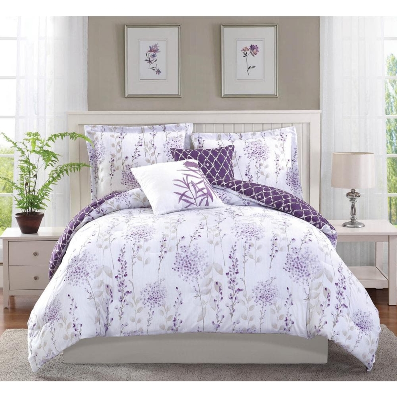 Comforter Set Purple Watercolor Floral Print Cottage Style Bedding Ideas