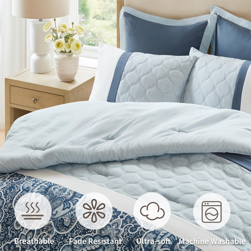 Comforter Set Quilted Scrollwork Navy & White Transitional Bedding