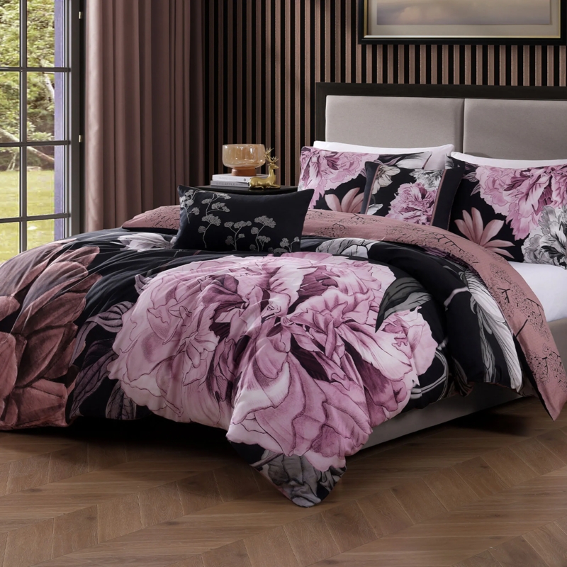 Comforter Set Reversible Floral Motif Bold Contrast Deep Mauve Palette