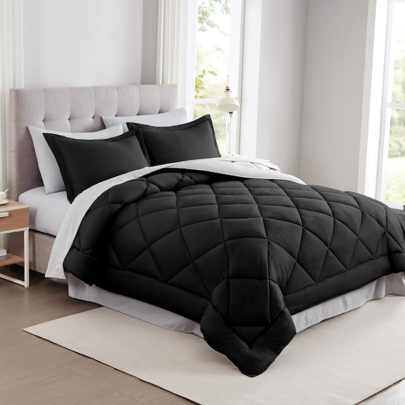 Comforter Set: Reversible Navy and White with Geometric Grid Pattern