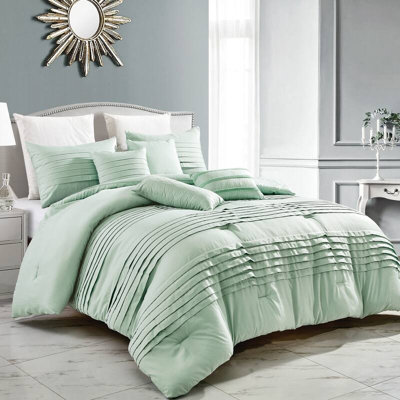 Comforter Set Sage Green Palette Pin Tucked Texture Transitional Style