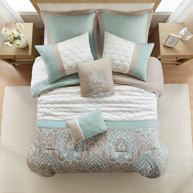 Comforter Set Seafoam Palette Quilted Scrollwork & Pillows
