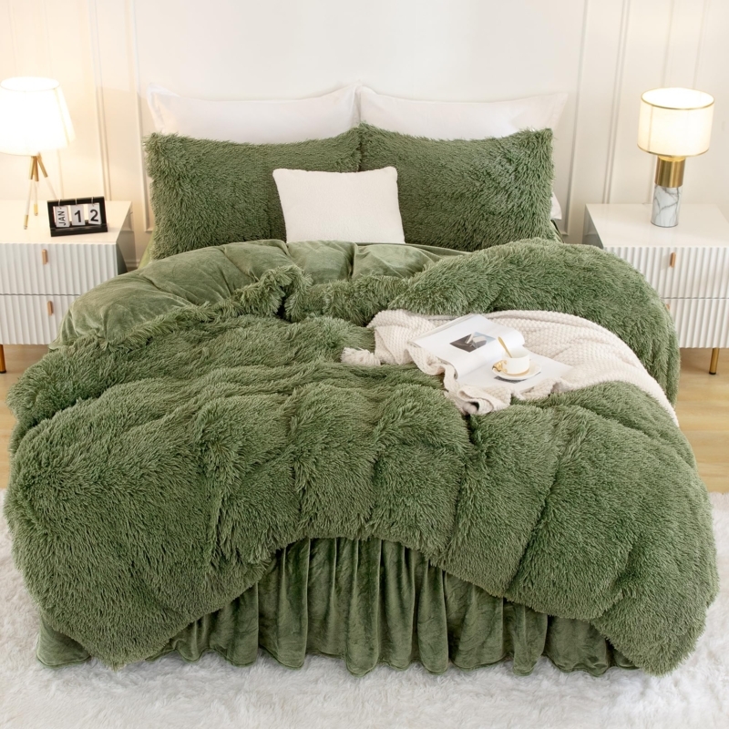 Comforter Set Shaggy Faux Fur Sage Green Plush Bedding Cozy Styling