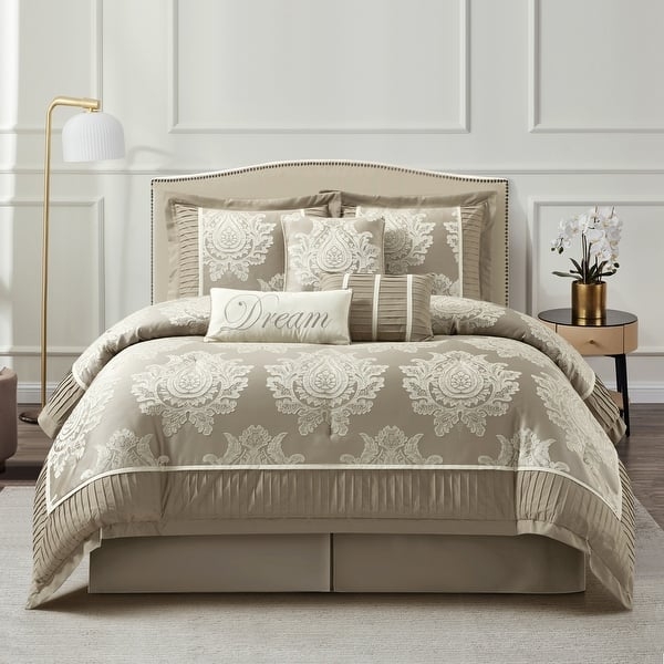 Comforter Set Shimmering Silver Grey Damask 7-Piece Bedding